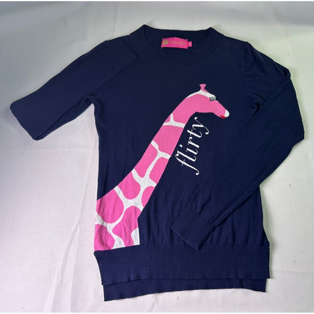 Macbeth Collection Margaret Josephs Navy Blue‎ Pink Giraffe Flirty Sweater Small